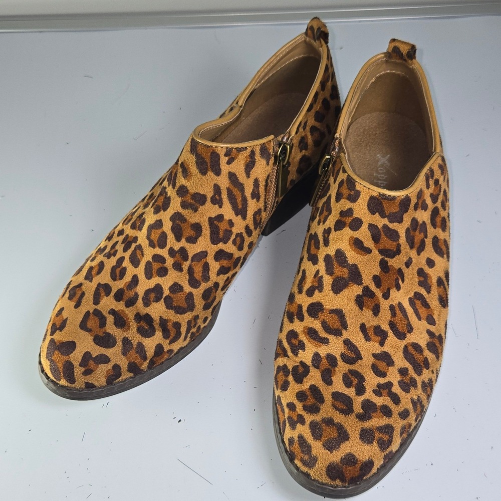 X Appeal Leopard Print Suede Ankle Boots Women's Size 7 Side Zip‎ Block Heel